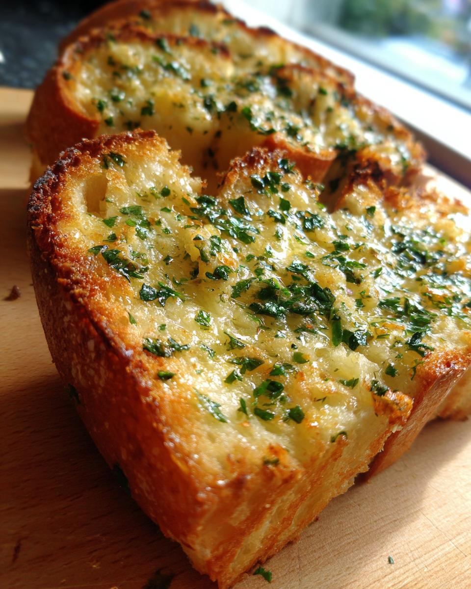Close-up of golden brown garlic bread recipes, topped with melted butter, garlic, and fresh parsley.