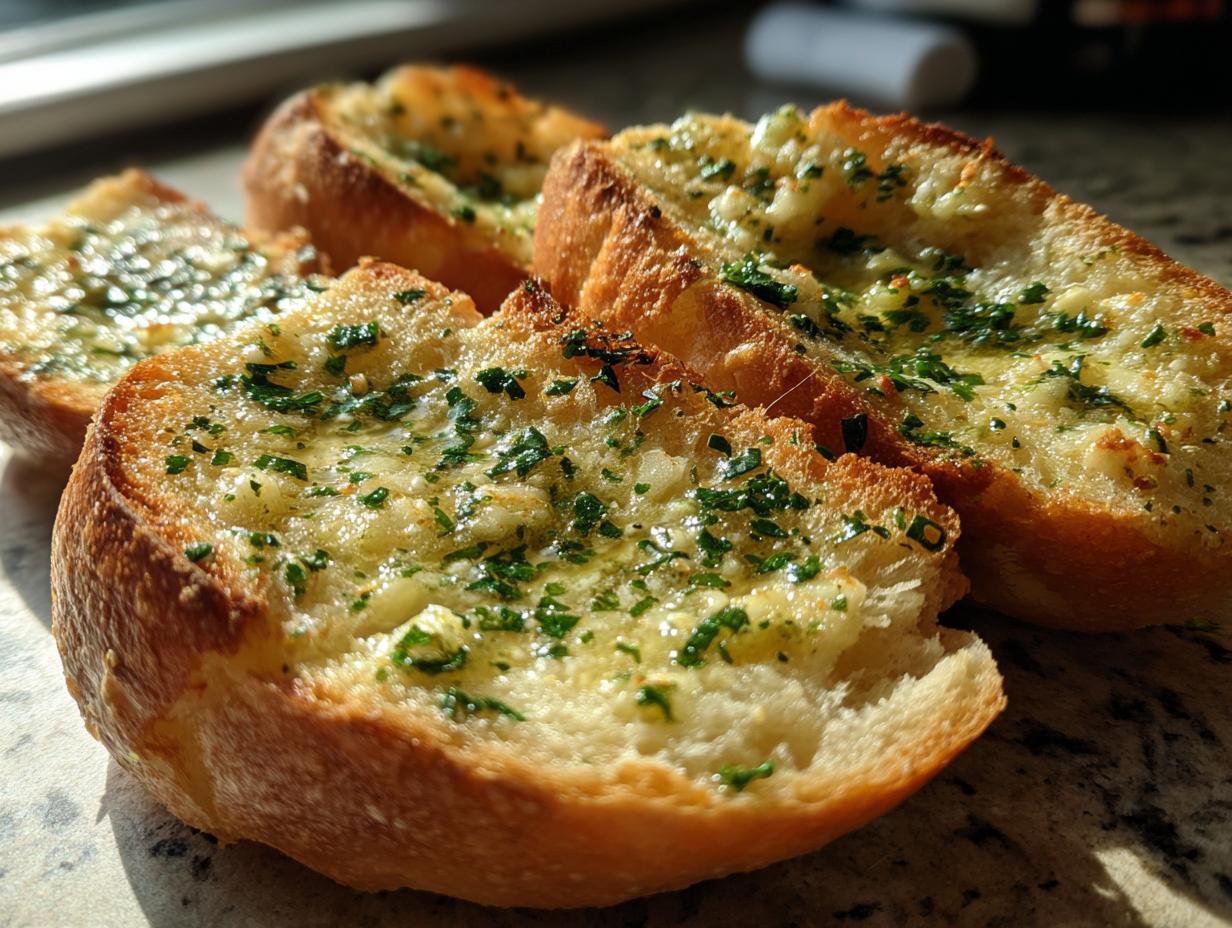 Close-up of toasted garlic bread recipes with melted butter, garlic, and parsley.