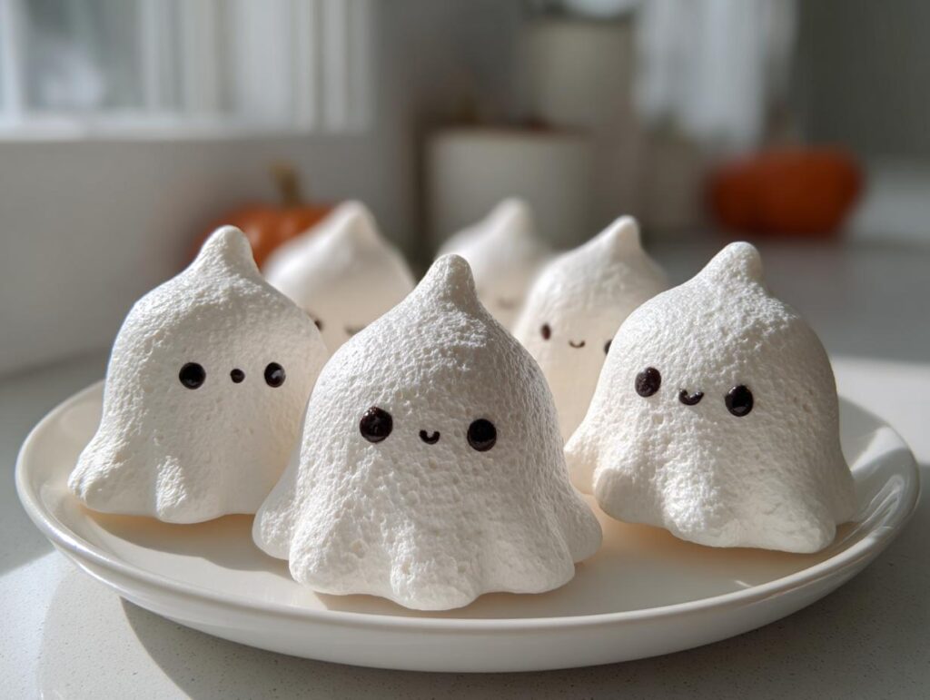 A plate of adorable ghost meringue cookies for Halloween, featuring cute faces on each spooky treat.