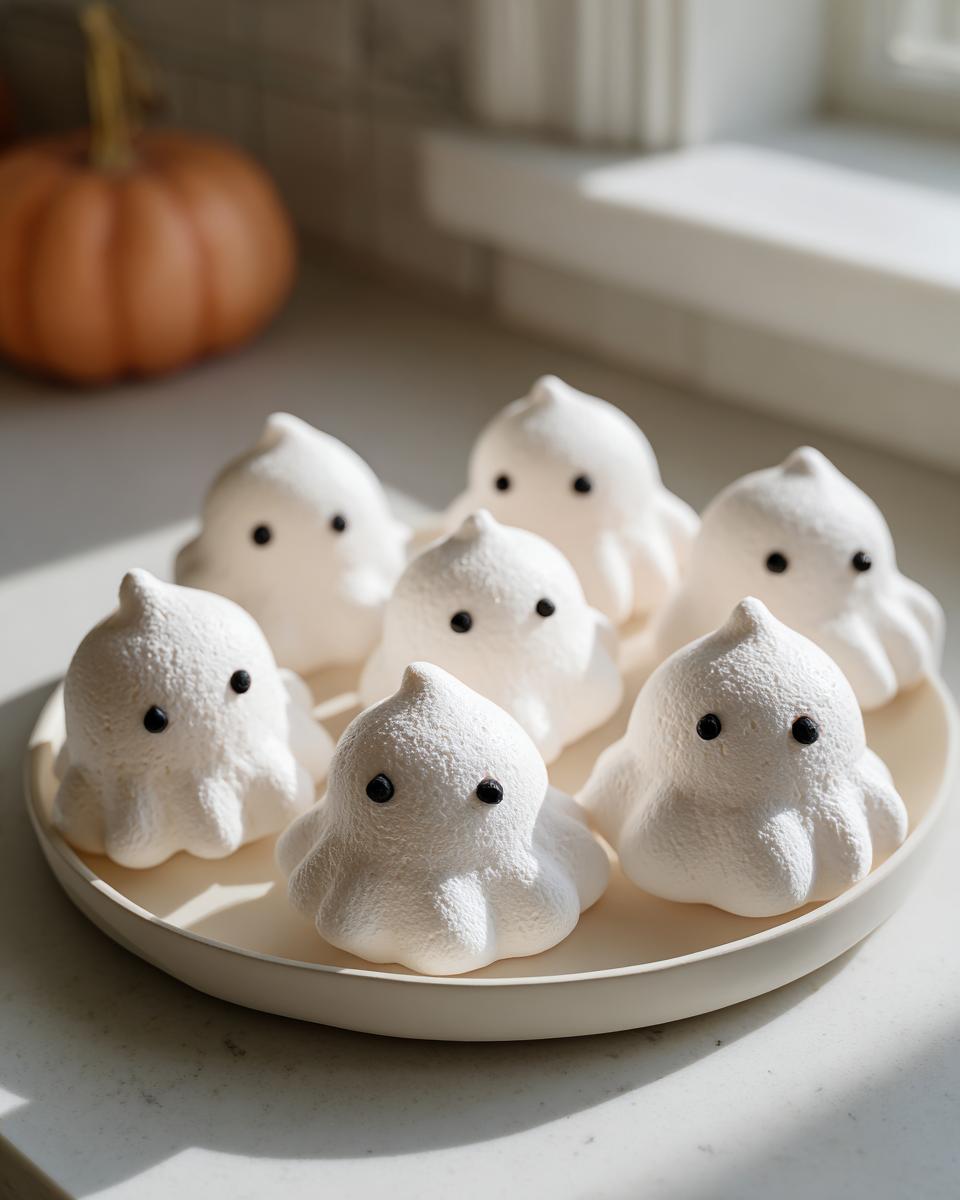 Plate of homemade ghost meringue cookies halloween treats with black eyes, pumpkin in background.
