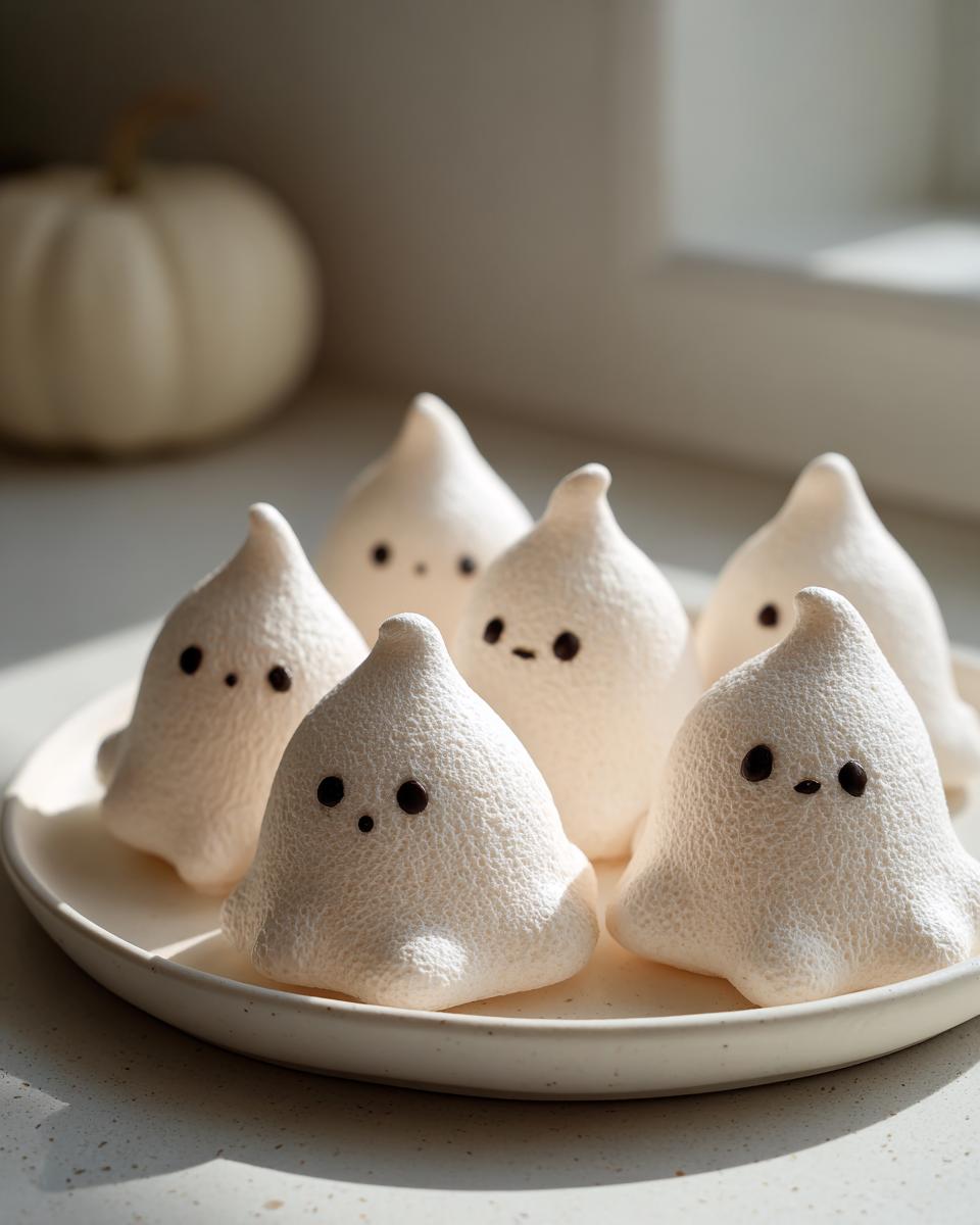 Plate of adorable ghost meringue cookies halloween treats with cute faces, ready for a spooky celebration.