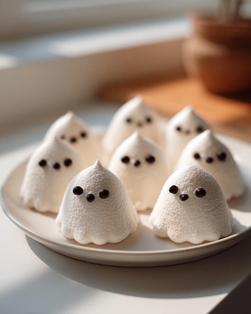 A plate of adorable ghost meringue cookies halloween treats with chocolate chip eyes.