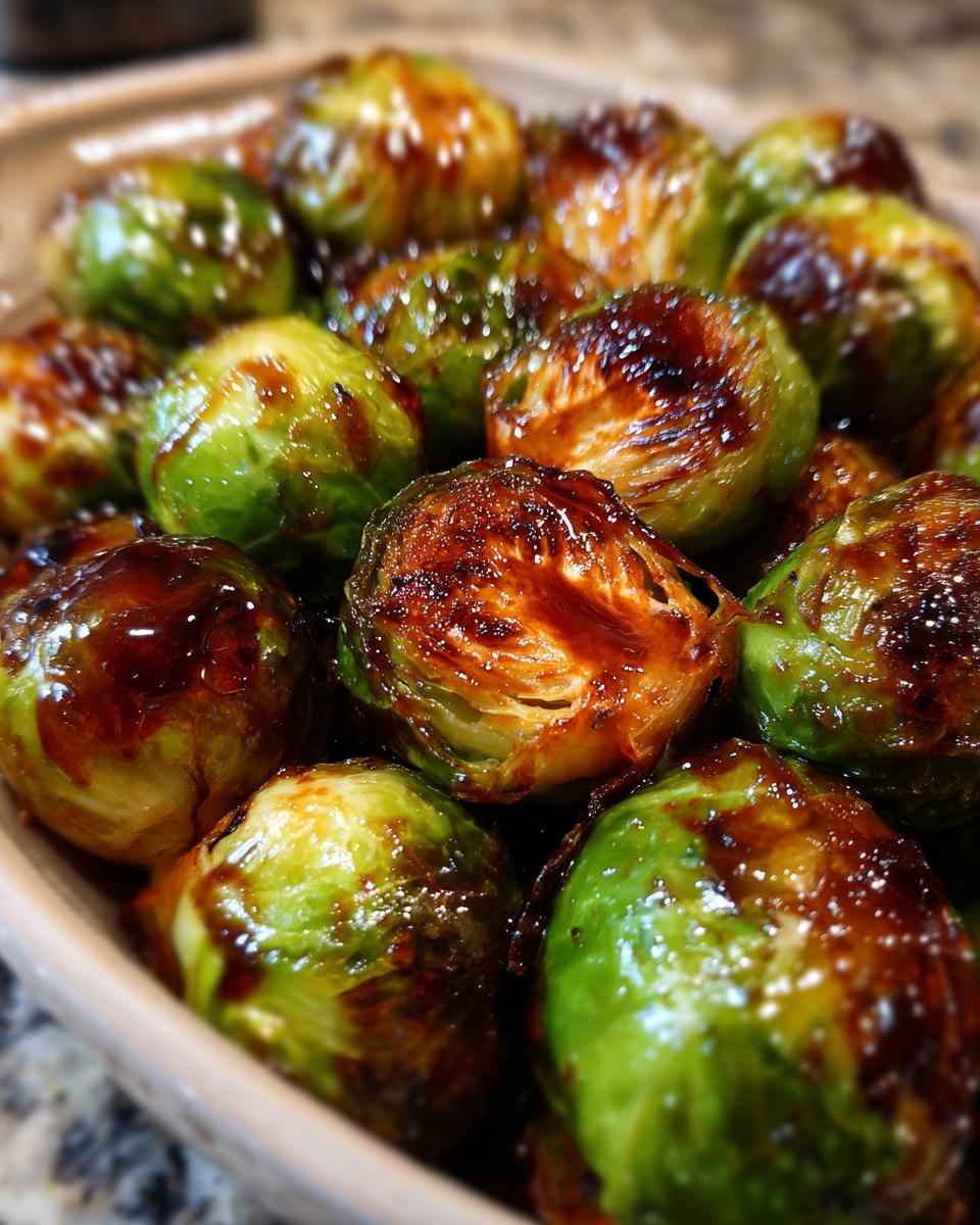 Close-up of glazed Brussels sprouts, a delicious and easy Thanksgiving side dishes option.