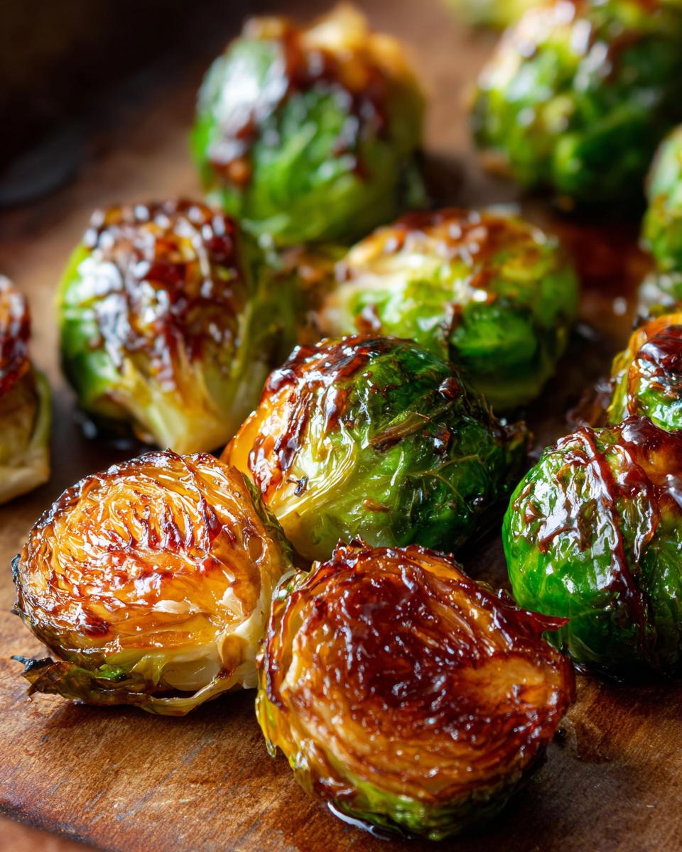Close-up of glazed Brussels sprouts, a delicious Thanksgiving side dishes option, on a wooden board.