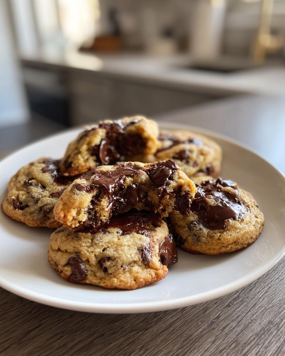 A plate of freshly baked gluten free desserts: chocolate chip cookies with melted chocolate.