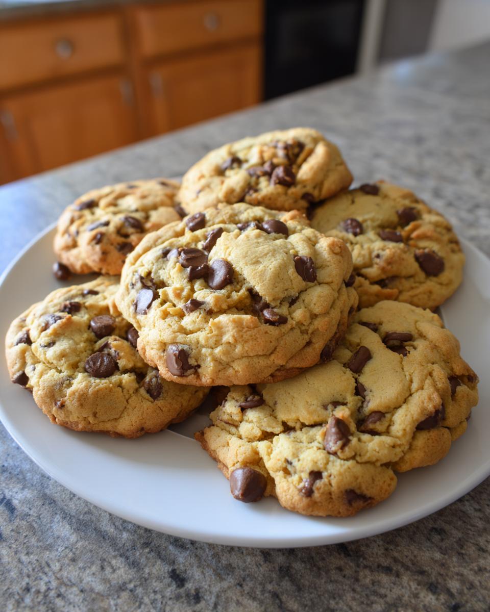 A plate of freshly baked chocolate chip cookies, perfect gluten free desserts.