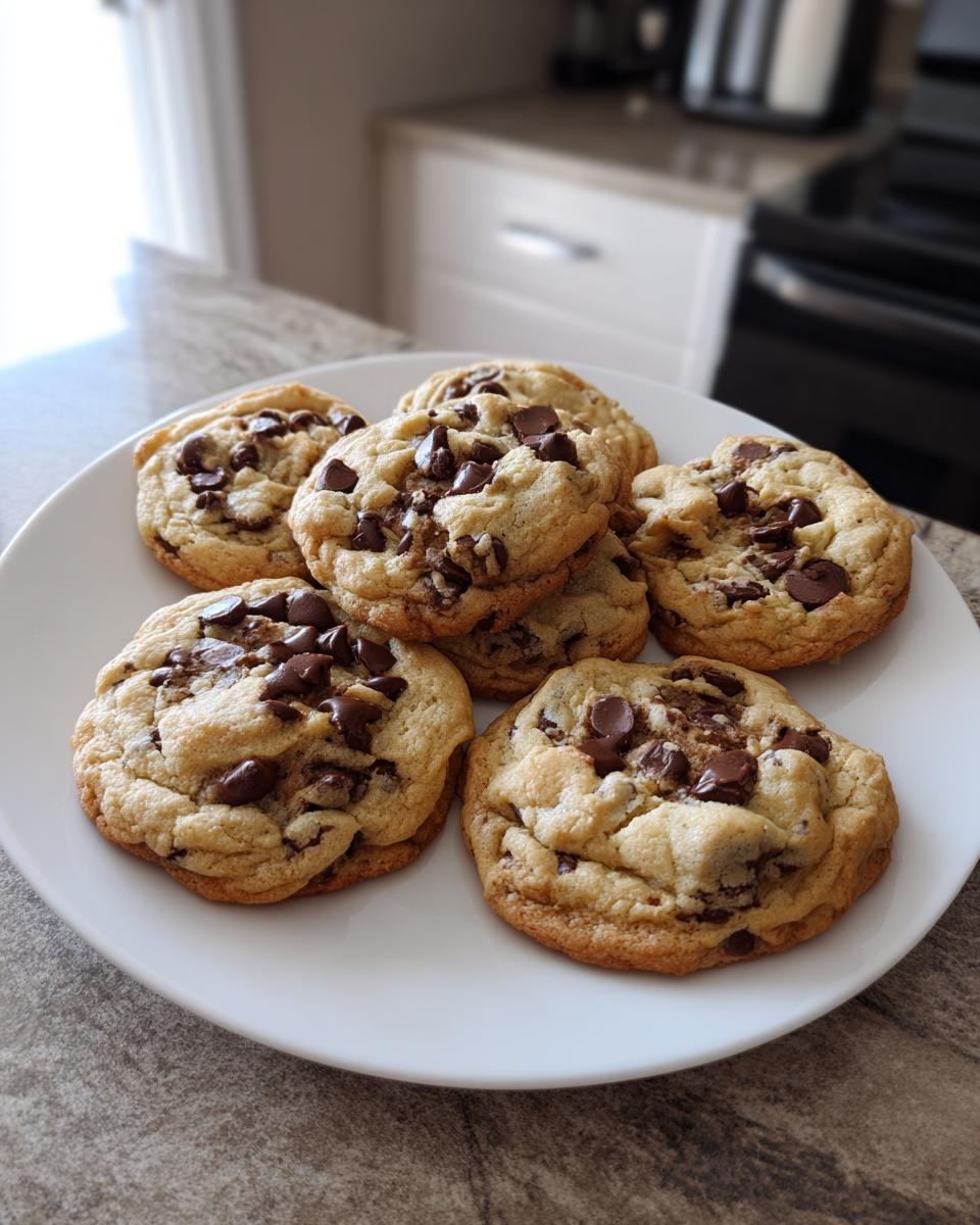 A plate of freshly baked gluten free desserts: chocolate chip cookies on a white plate, kitchen background.