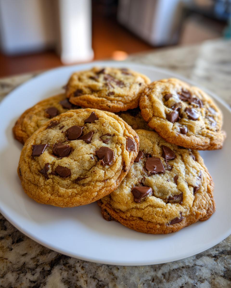 A plate of freshly baked gluten free desserts, specifically chocolate chip cookies, on a granite countertop.