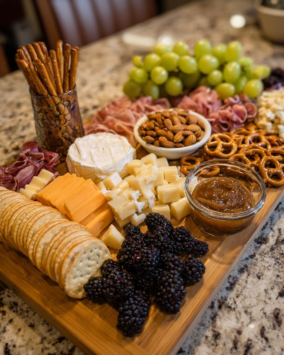 Close-up of a spooky halloween charcuterie board featuring cheeses, meats, crackers, fruit, and pretzels.
