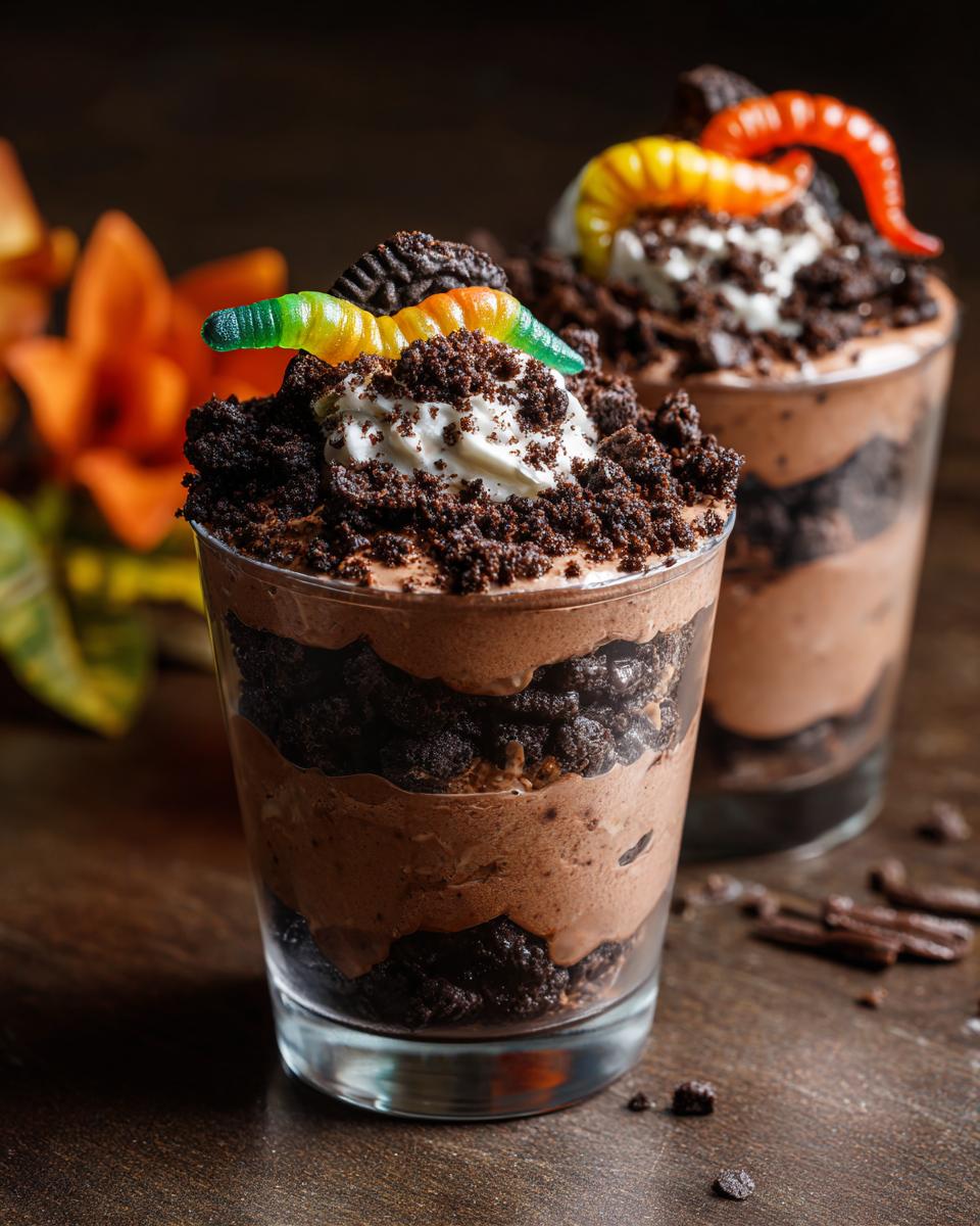 Two Halloween dirt cups recipe desserts with chocolate pudding, crushed Oreos, gummy worms, and whipped cream.
