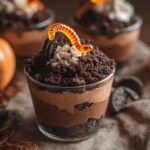 A Halloween dirt cups recipe dessert in a glass with gummy worm, cookie crumbs, and whipped cream.