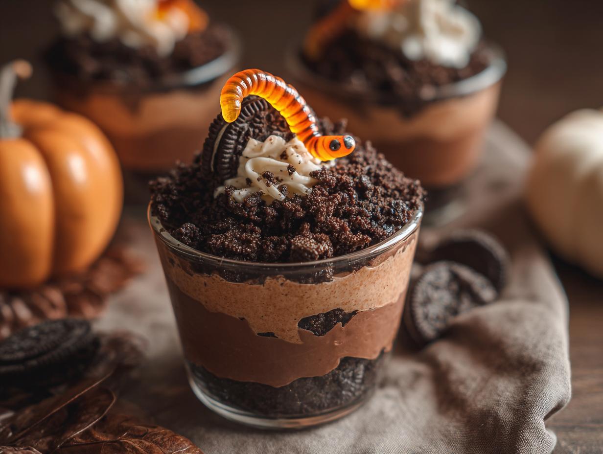 A Halloween dirt cups recipe dessert in a glass with gummy worm, cookie crumbs, and whipped cream.
