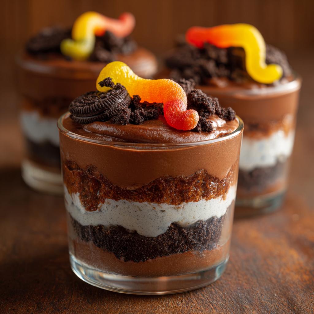 Three Halloween dirt cups recipe desserts with gummy worms, chocolate pudding, Oreo crumbs, and whipped cream layers.