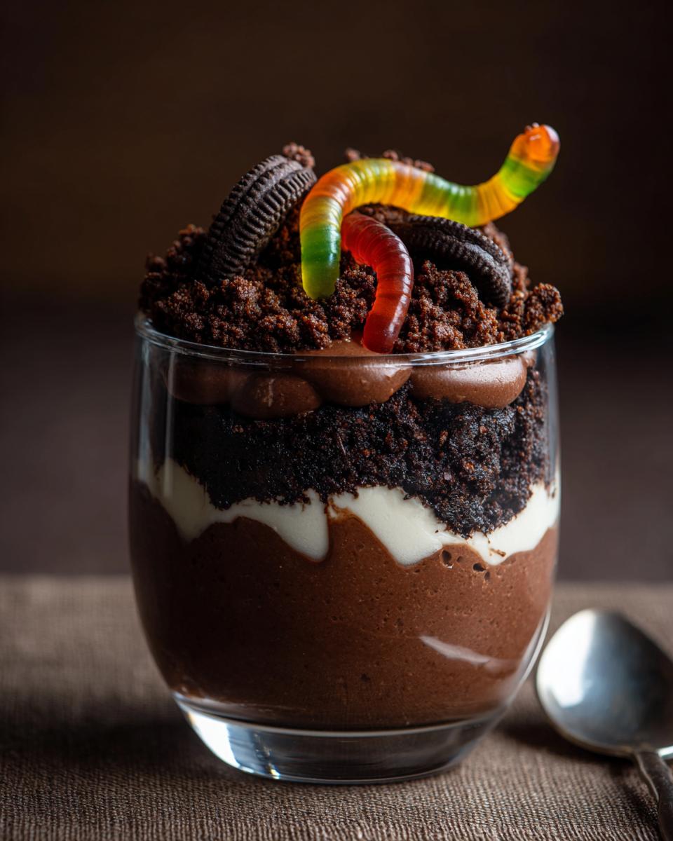 A spooky Halloween dirt cups recipe dessert in a glass, topped with gummy worms and cookie crumbs.
