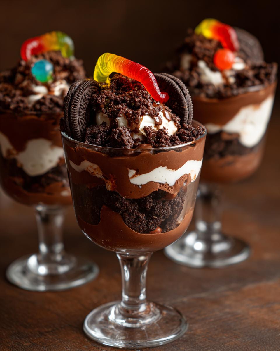 Three Halloween dirt cups recipe desserts with chocolate pudding, Oreo crumbs, gummy worms, and whipped cream layers.