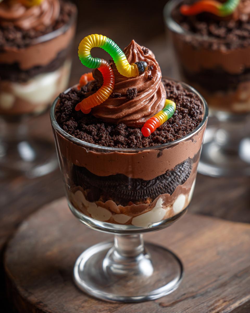Close-up of a Halloween dirt cups recipe dessert in a glass, topped with chocolate frosting, cookie crumbs, and gummy worms.