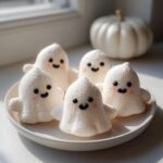 A plate of adorable Halloween ghost meringue cookies with cute faces, perfect for a spooky treat.