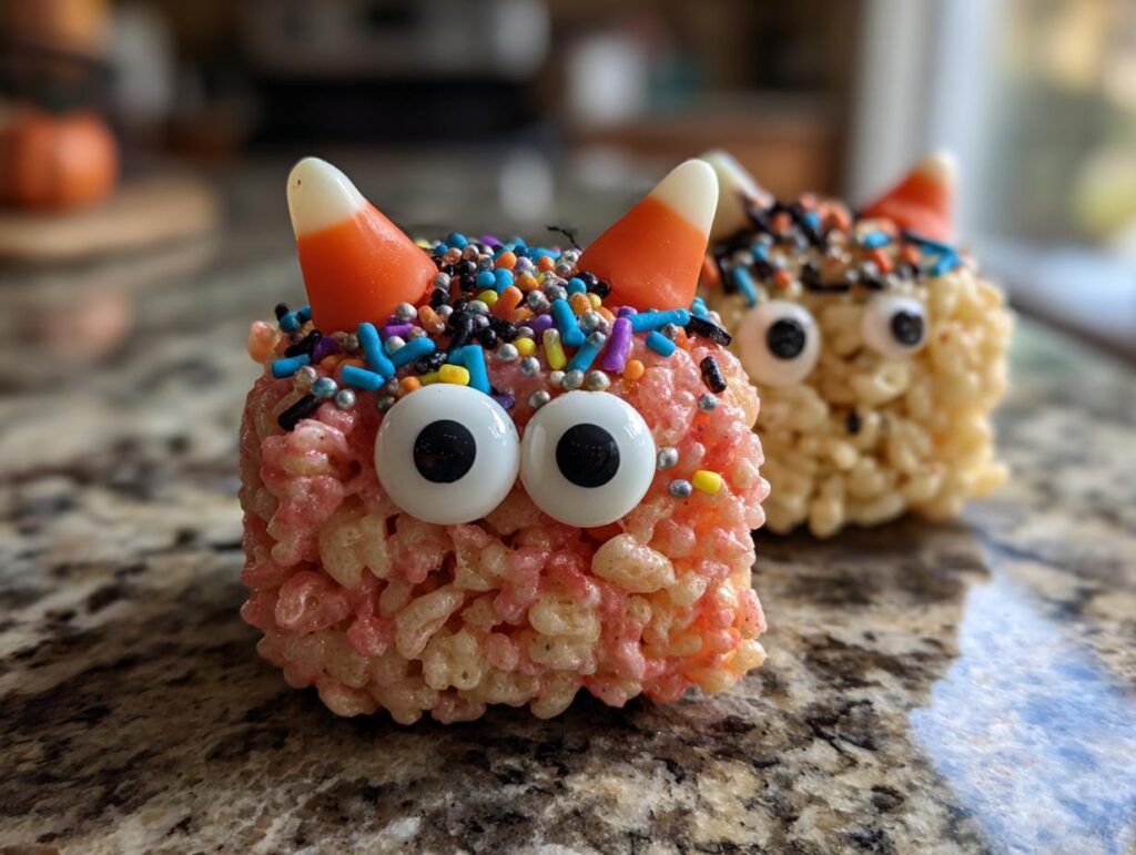 Two Halloween monster rice krispies treats decorated with candy eyes, sprinkles, and candy corn horns.