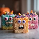 Three colorful Halloween monster rice krispies treats with candy eyes, sprinkles, and candy corn horns.
