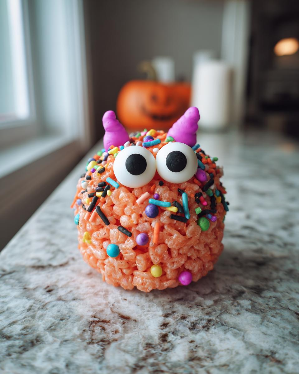 Close-up of a Halloween monster rice krispies treat with candy eyes, sprinkles, and purple horns.