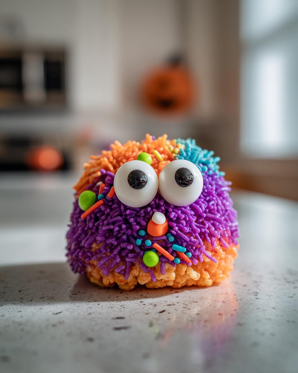 Close-up of a colorful Halloween monster rice krispies treat with candy eyes and sprinkles.
