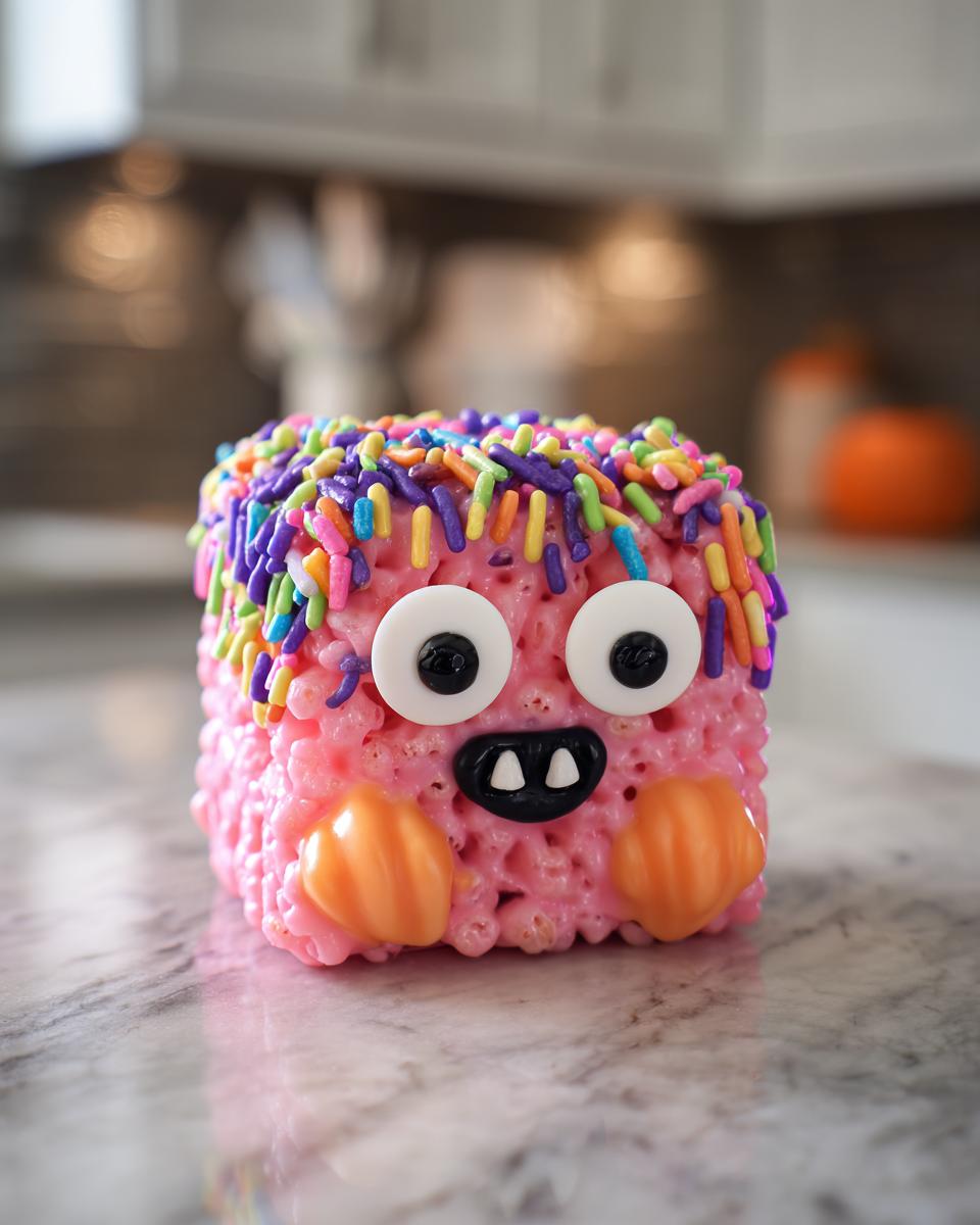 Close-up of a pink Halloween monster rice krispies treat with sprinkles, candy eyes, and a candy mouth.