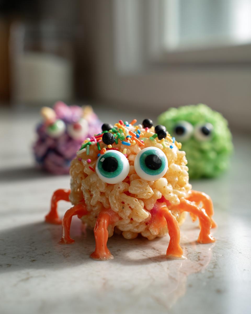 Close-up of a Halloween monster rice krispies treat shaped like a spider, with candy eyes and sprinkles.