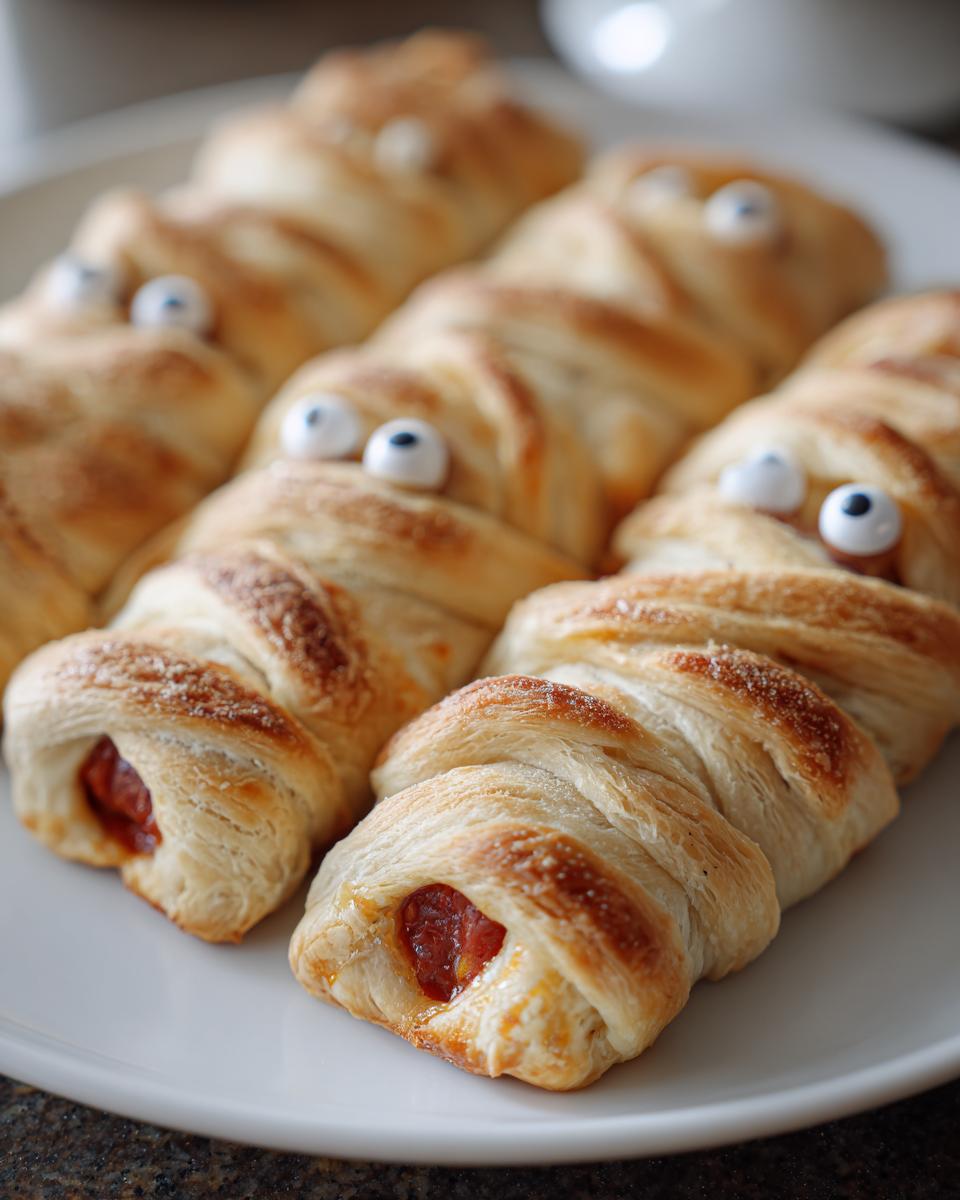 Close-up of Halloween mummy hot dogs with pastry 'bandages' and candy eyes on a white plate.