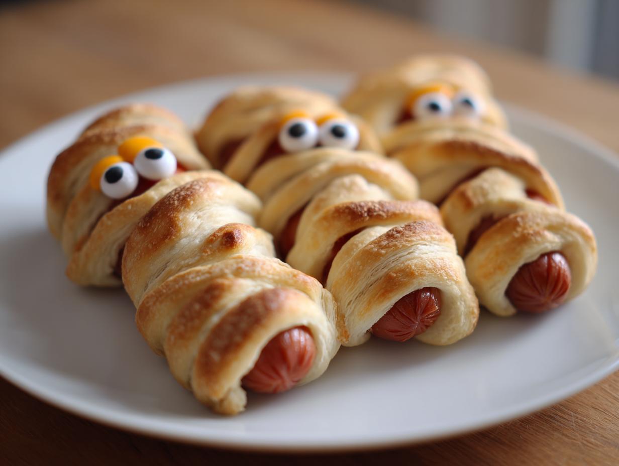 A plate of Halloween mummy hot dogs, baked and decorated with candy eyes.