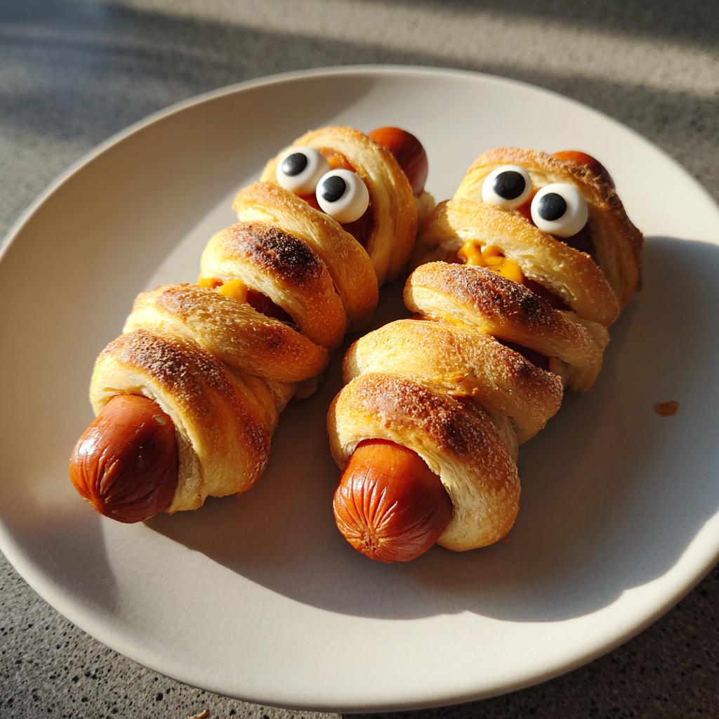 Two Halloween mummy hot dogs on a plate, featuring pastry wrappings and candy eyes.