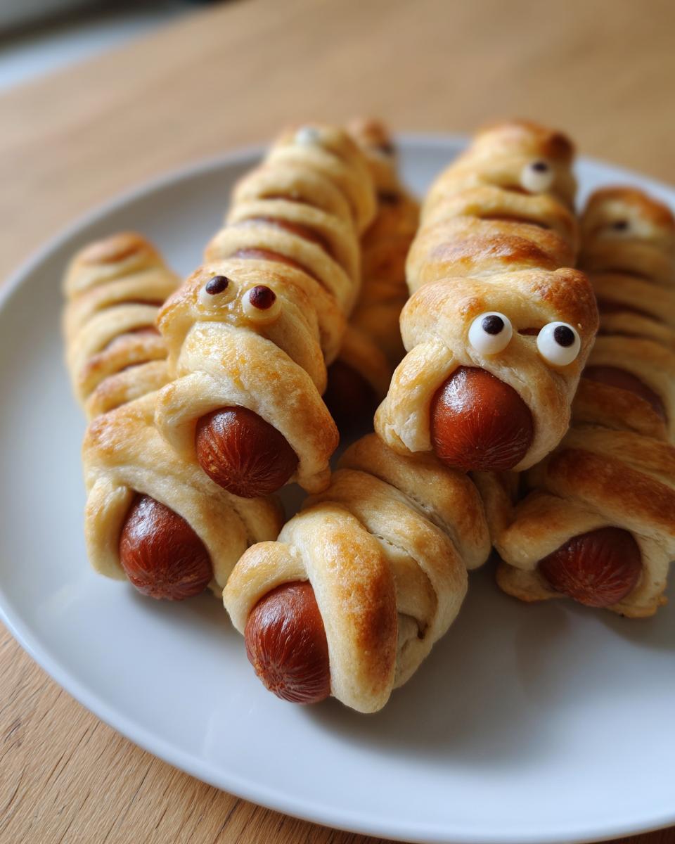 A plate of Halloween mummy hot dogs, wrapped in pastry with candy eyes, ready to eat.