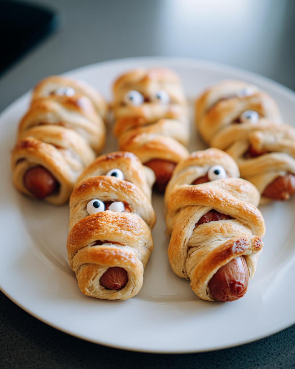 A plate of Halloween mummy hot dogs, featuring hot dogs wrapped in pastry with candy eyes.