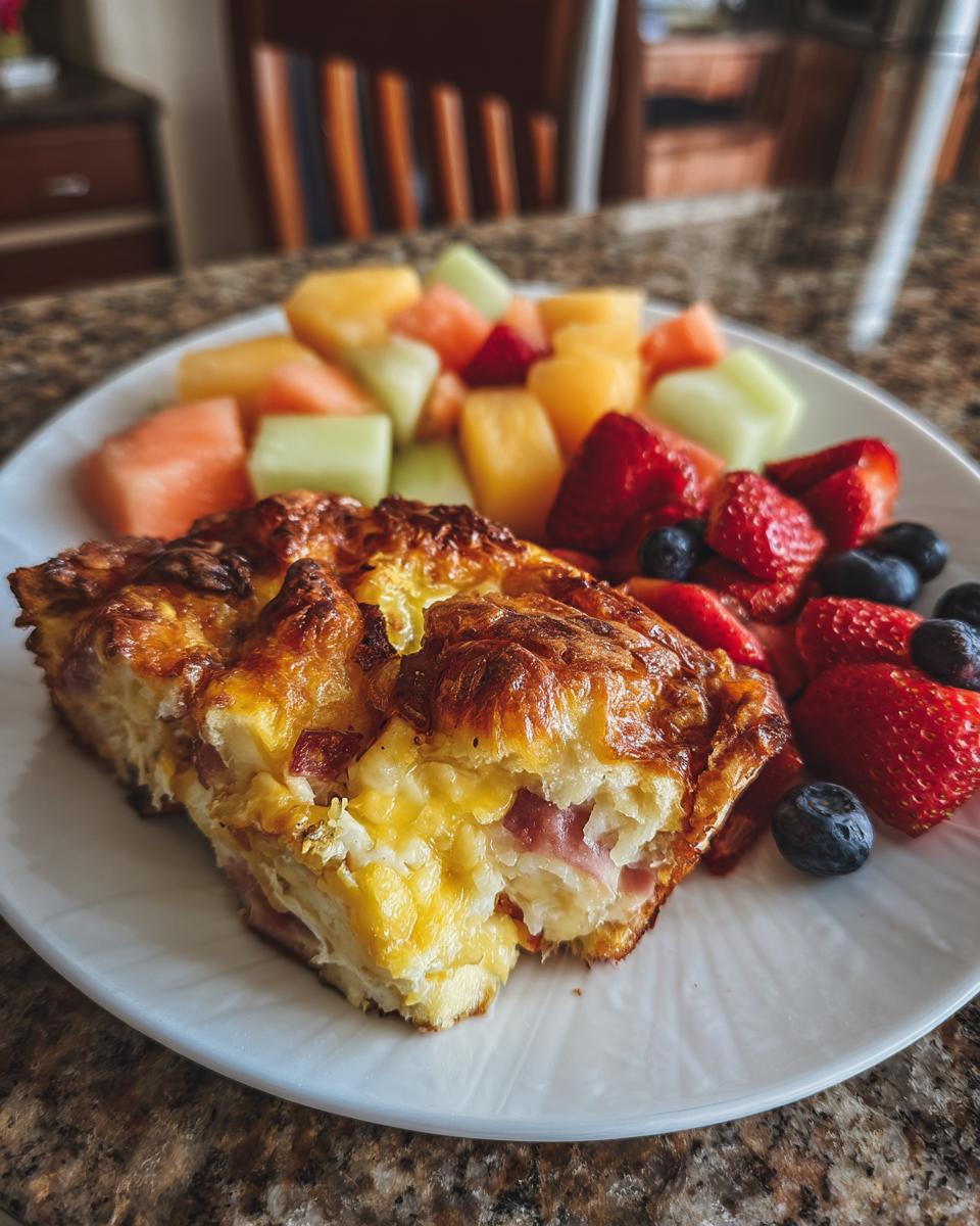 Ham strata served with fresh fruit, a delicious option for easter brunch ideas.