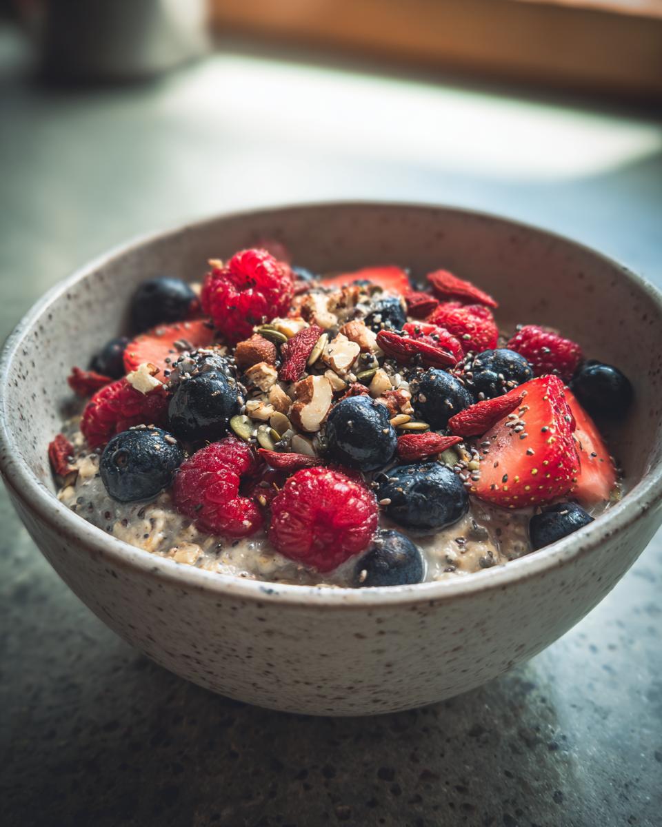A bowl of healthy breakfast ideas: oatmeal topped with fresh blueberries, raspberries, strawberries, nuts, and seeds.