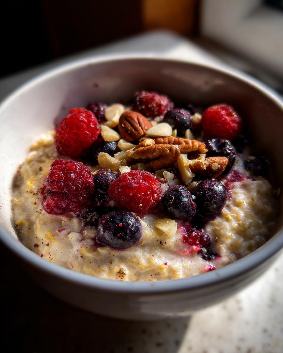 A bowl of oatmeal topped with fresh raspberries, blueberries, and nuts, showcasing healthy breakfast ideas.