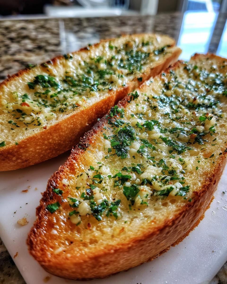 Two slices of golden, crusty garlic bread, topped with garlic, herbs, and butter. Perfect garlic bread recipes.
