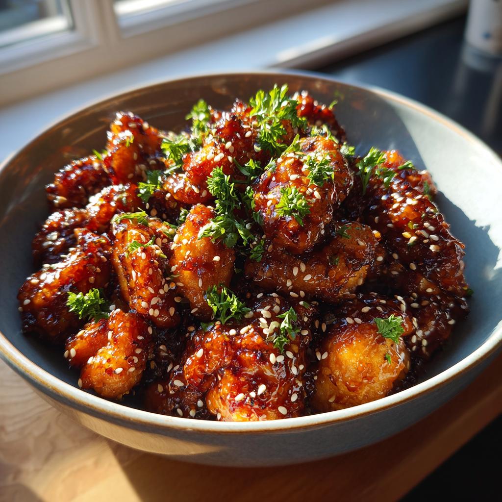 Bowl of Hot Honey Garlic Butter Chicken Bites, garnished with sesame seeds and parsley.