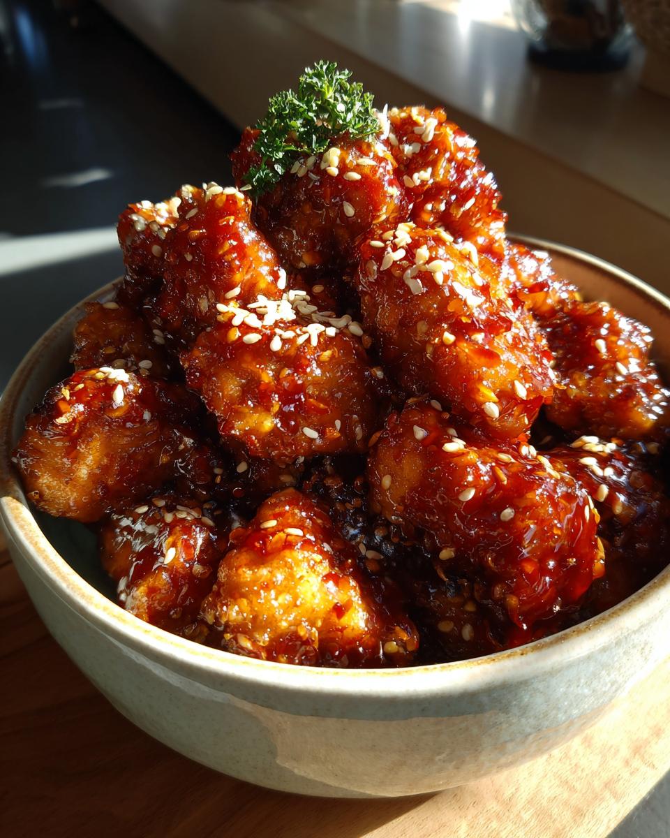 A bowl overflowing with glistening Hot Honey Garlic Butter Chicken Bites, sprinkled with sesame seeds and garnished with parsley.