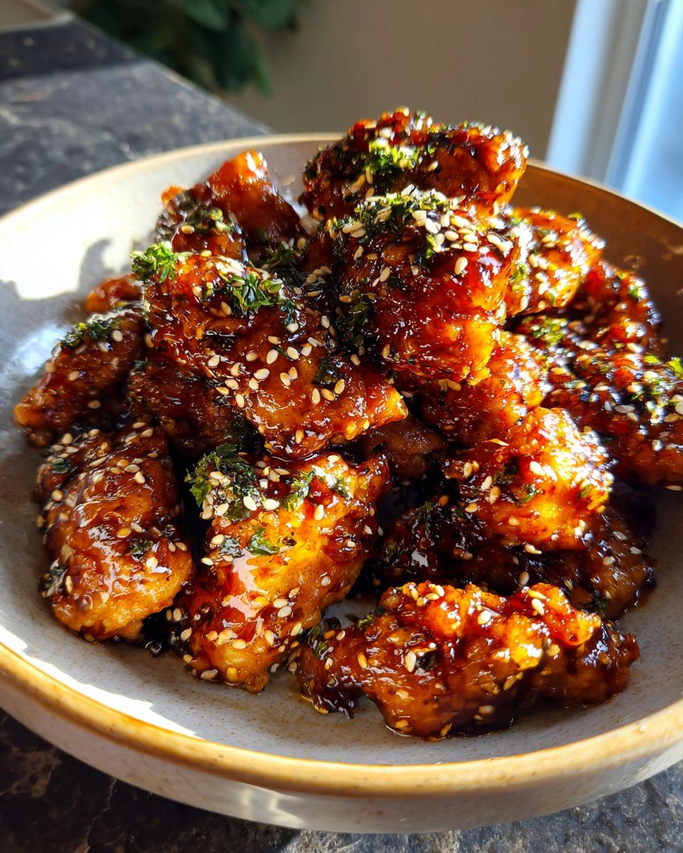 A bowl of Hot Honey Garlic Butter Chicken Bites, garnished with sesame seeds and herbs.