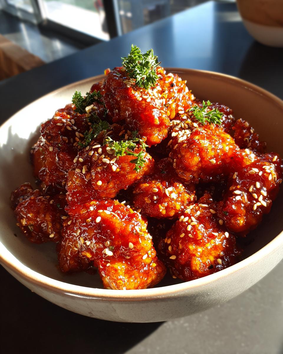 A bowl of glistening Hot Honey Garlic Butter Chicken Bites, garnished with sesame seeds and parsley.