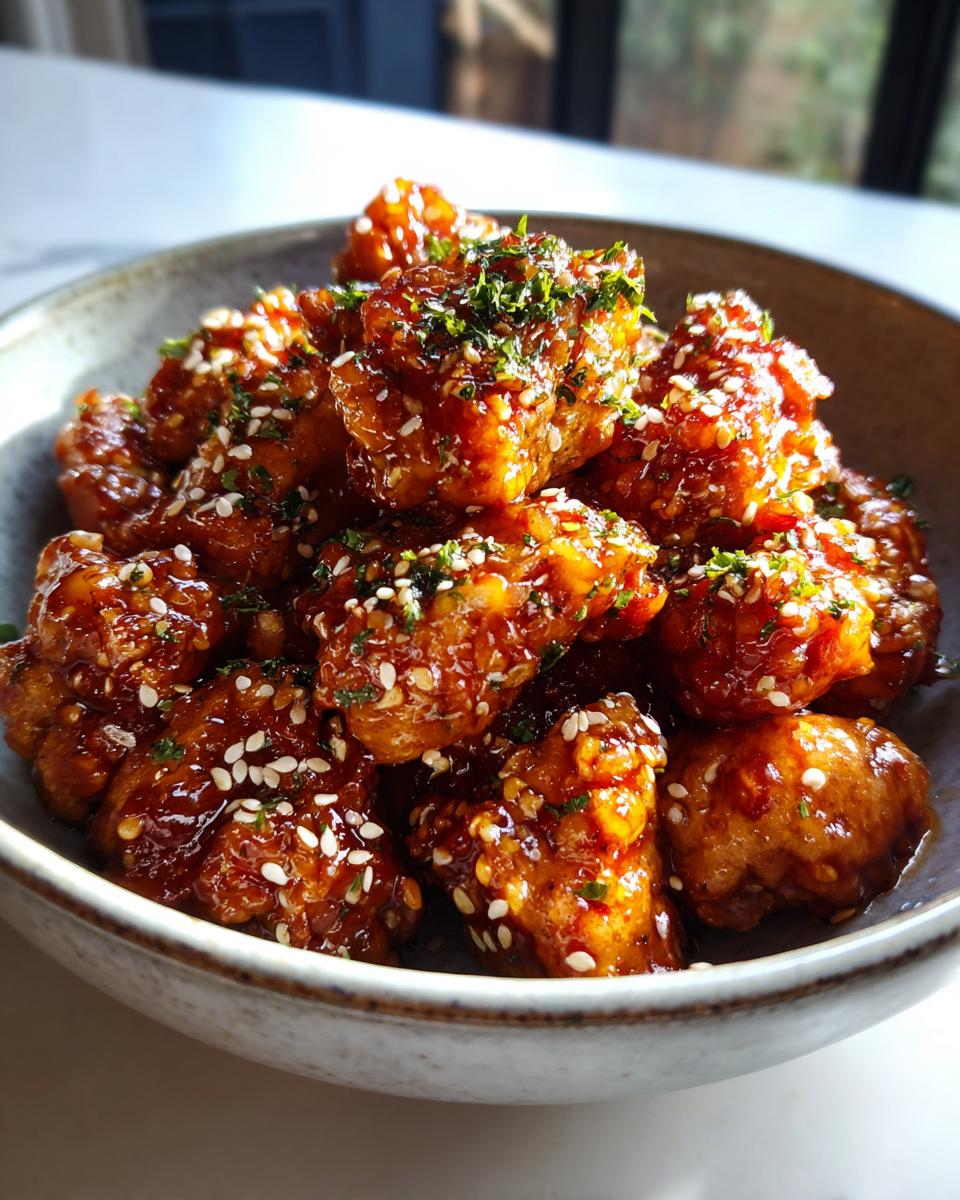 A bowl full of glistening Hot Honey Garlic Butter Chicken Bites, garnished with sesame seeds and herbs.