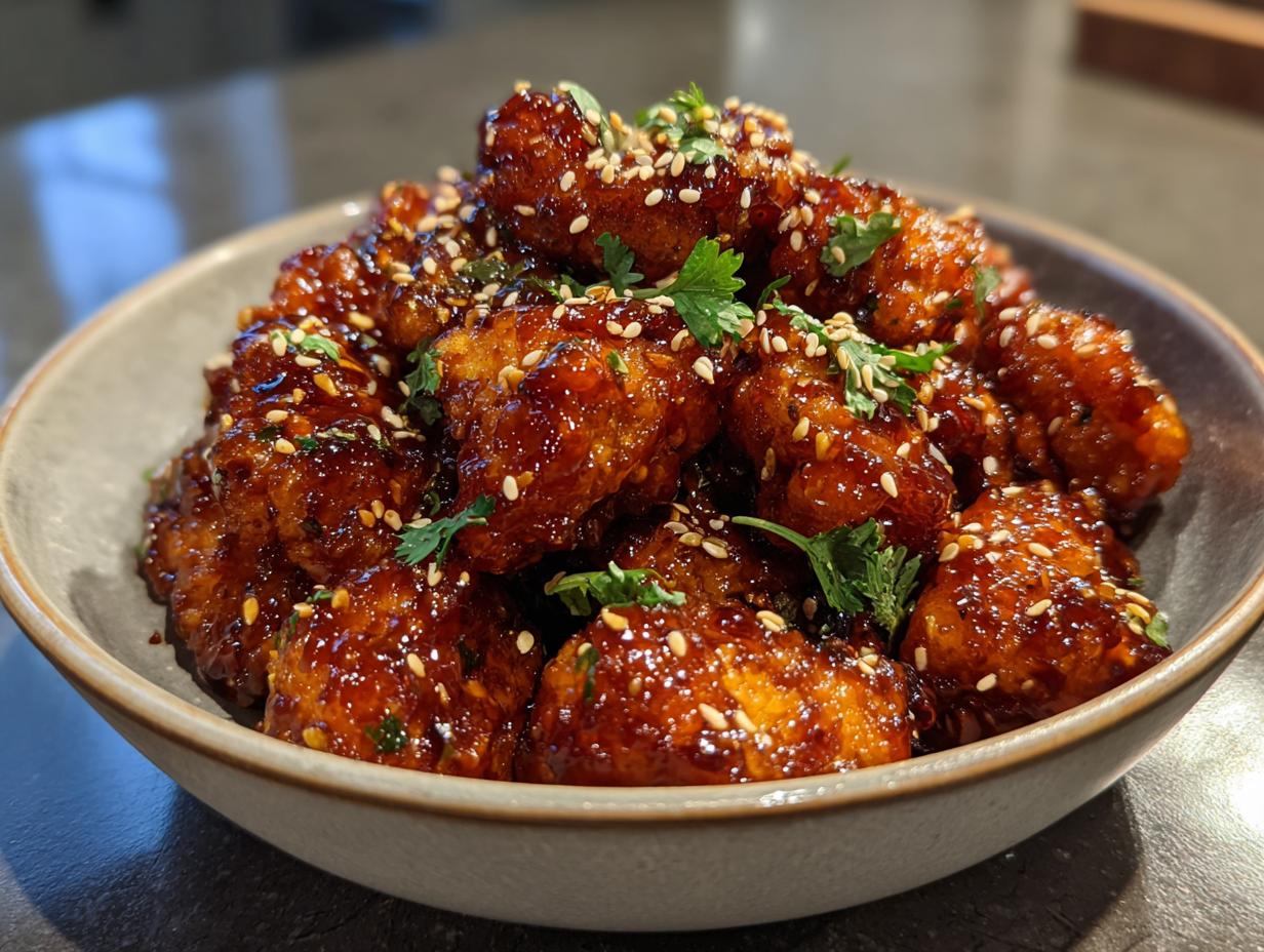 A bowl of glistening Hot Honey Garlic Butter Chicken Bites, garnished with sesame seeds and fresh cilantro.