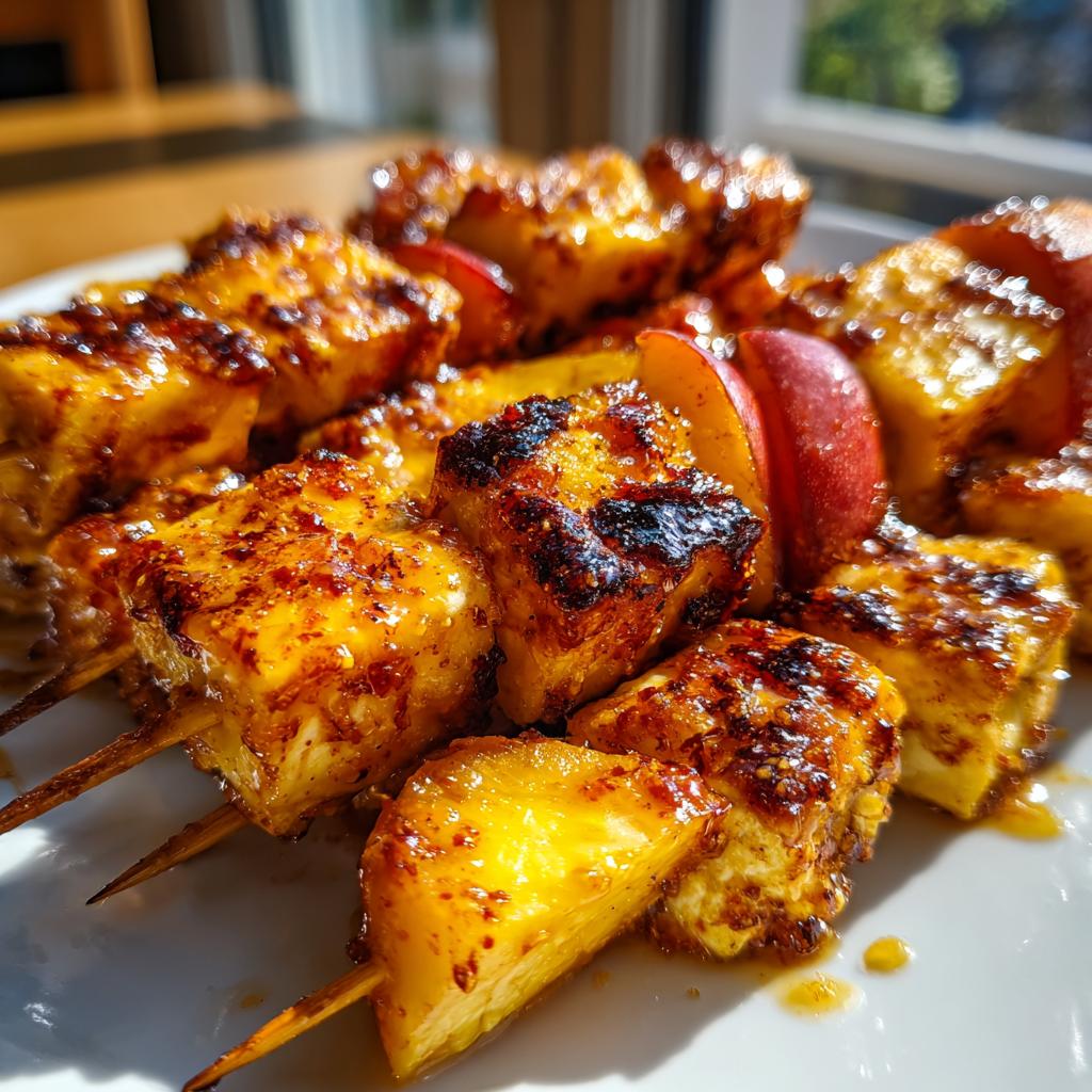 Close-up of Hot Honey Halloumi & Peach Skewers, grilled and glazed, on a white plate.