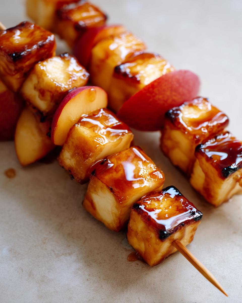 Close-up of Hot Honey Halloumi & Peach Skewers, showing the glaze and grilled texture.
