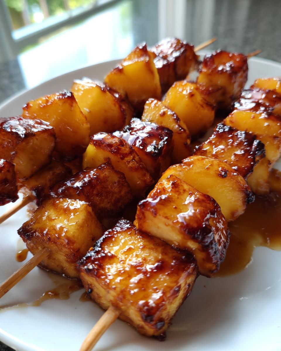 Close-up of Hot Honey Halloumi & Peach Skewers on a white plate, glazed and ready to eat.