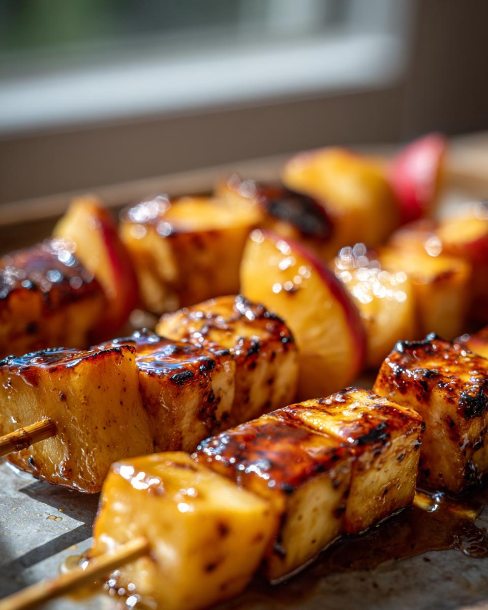 Close-up of Hot Honey Halloumi & Peach Skewers, showing the caramelized halloumi and juicy peaches.