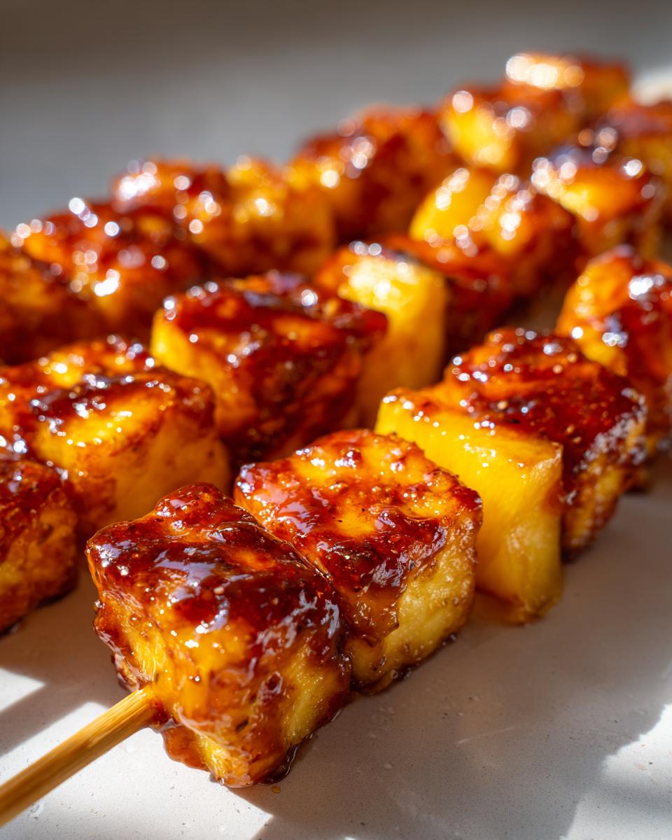 Close up of Hot Honey Halloumi & Peach Skewers, showing the glaze and texture of the grilled halloumi and peaches.