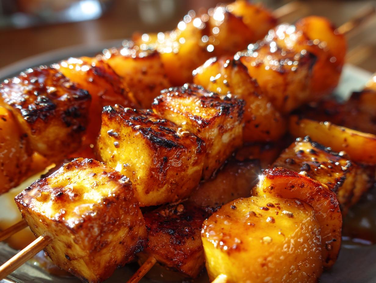 Close-up of Hot Honey Halloumi & Peach Skewers, showing caramelized halloumi and peaches on skewers.