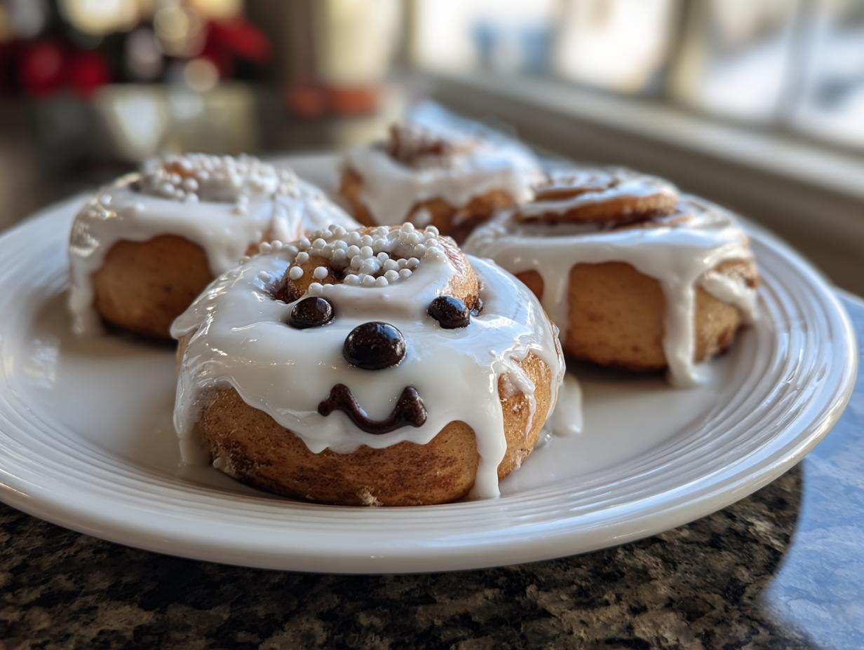 Iced cinnamon rolls on a plate, some decorated with sprinkles and one with a face. Breakfast Ideas.