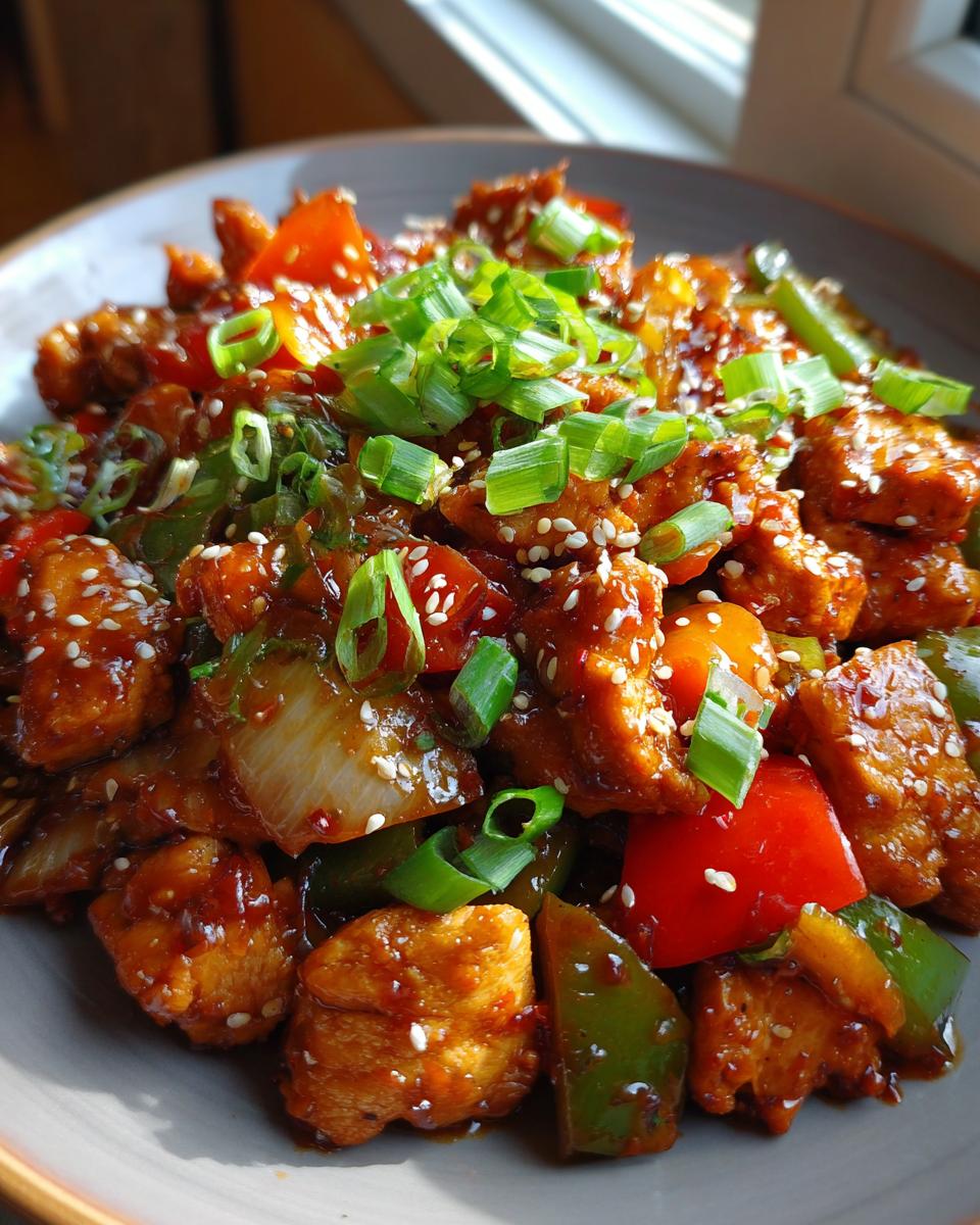 A vibrant chicken stir-fry, a great example of low carb dinner ideas, with colorful peppers, onions, and sesame seeds.